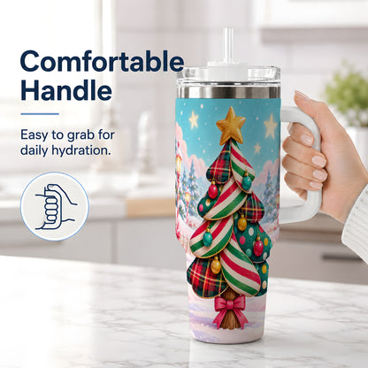 #pl[40oz|White] Plaid Christmas Tree 40oz Handled Tumbler, Festive Winter Drinkware
