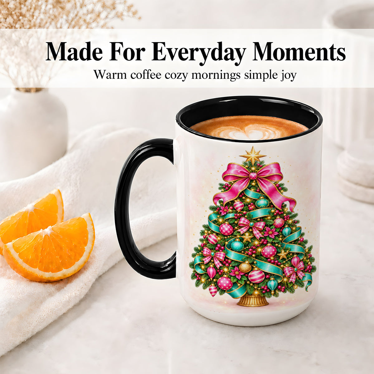 #pl[15oz|Black] Colorful Christmas Tree Accent Mug, Ceramic Holiday Coffee Cup