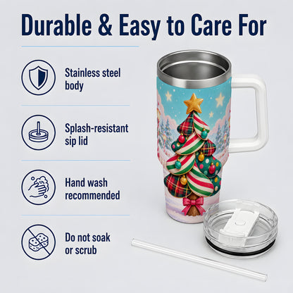 Plaid Christmas Tree 40oz Handled Tumbler, Festive Winter Drinkware
