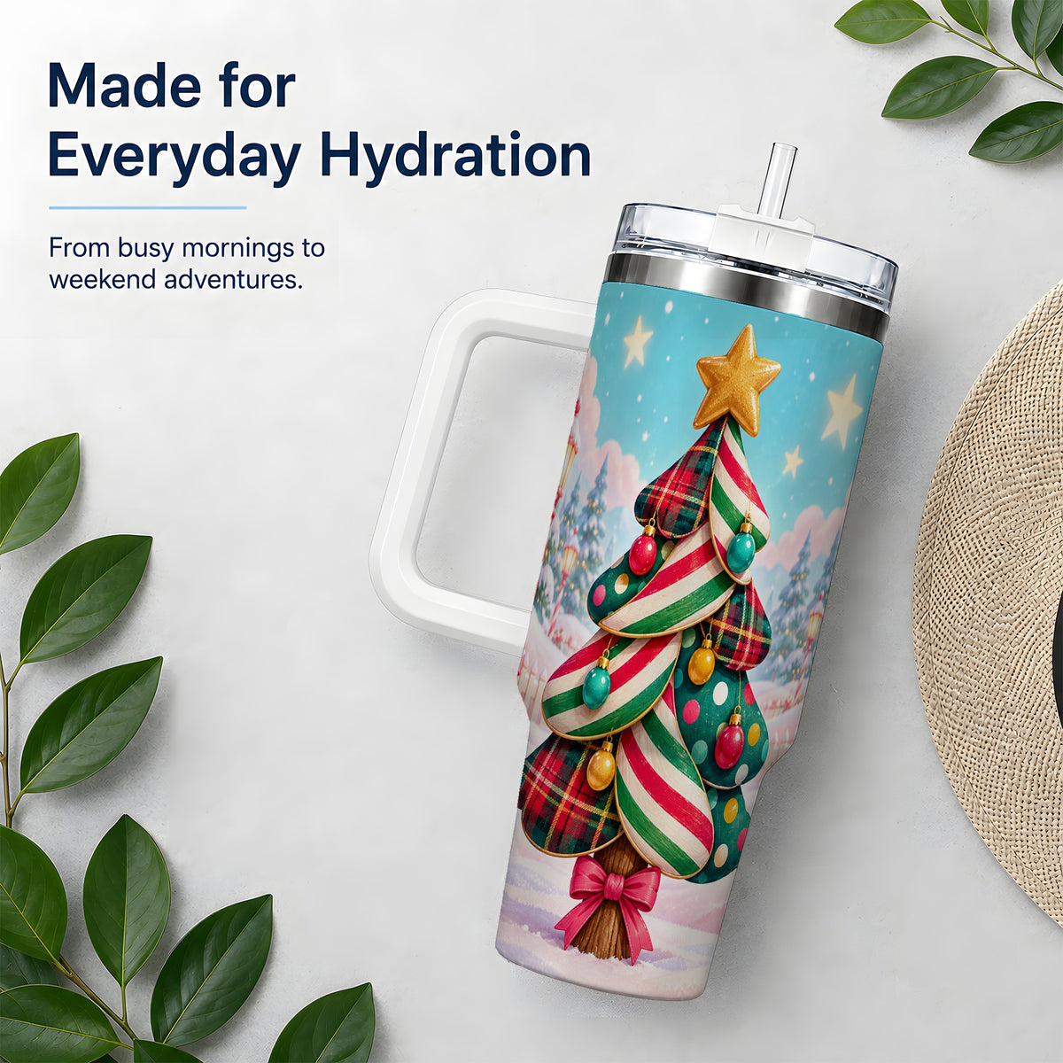 Plaid Christmas Tree 40oz Handled Tumbler, Festive Winter Drinkware