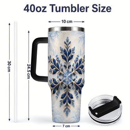 #pl[40oz|Black] Sapphire Blue Snowflake 40oz Handled Tumbler, Winter Floral Design