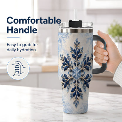 #pl[40oz|Black] Sapphire Blue Snowflake 40oz Handled Tumbler, Winter Floral Design
