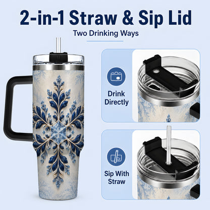 #pl[40oz|Black] Sapphire Blue Snowflake 40oz Handled Tumbler, Winter Floral Design