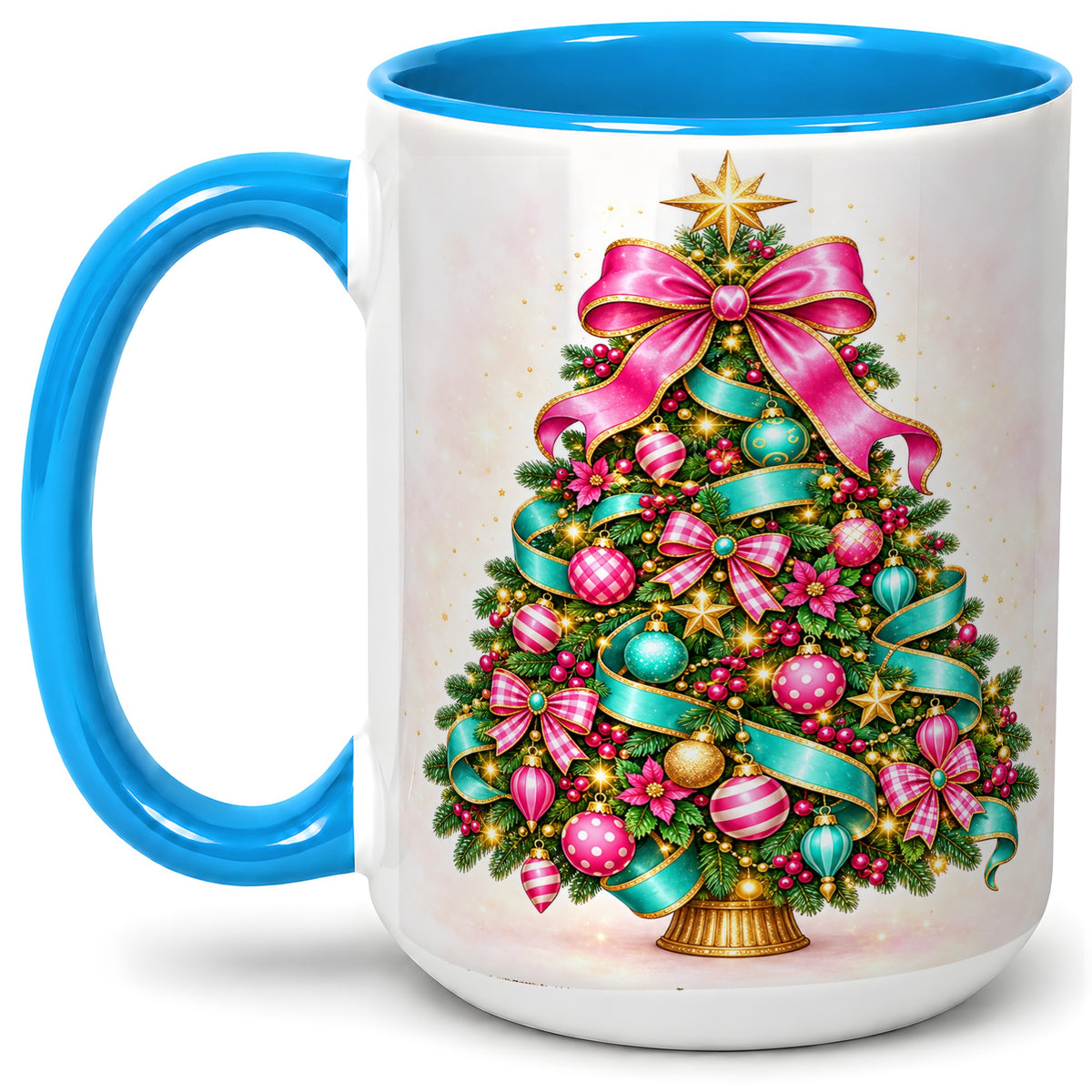 #pl[15oz|Blue] Colorful Christmas Tree Accent Mug, Ceramic Holiday Coffee Cup