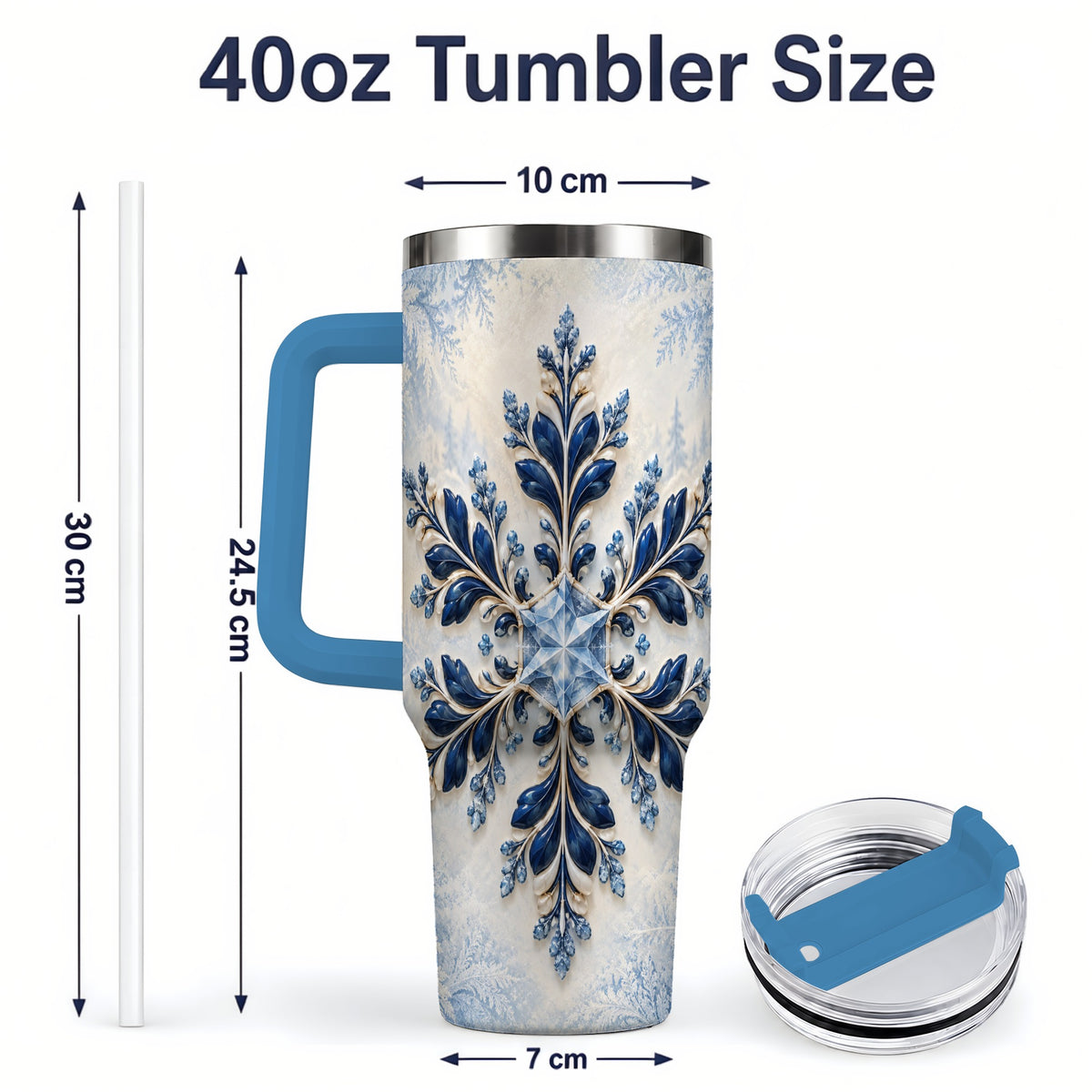 #pl[40oz|Blue] Sapphire Blue Snowflake 40oz Handled Tumbler, Winter Floral Design