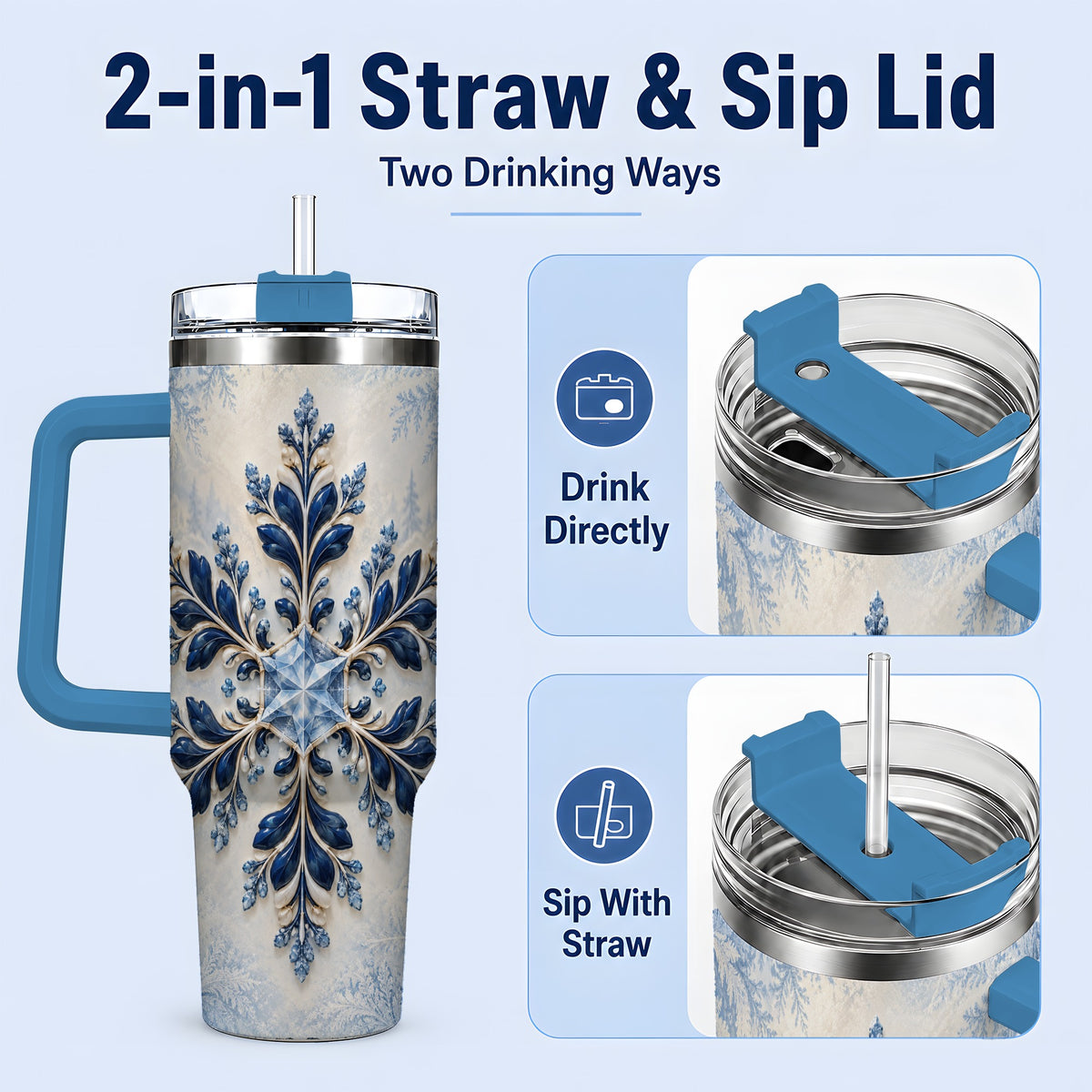 #pl[40oz|Blue] Sapphire Blue Snowflake 40oz Handled Tumbler, Winter Floral Design