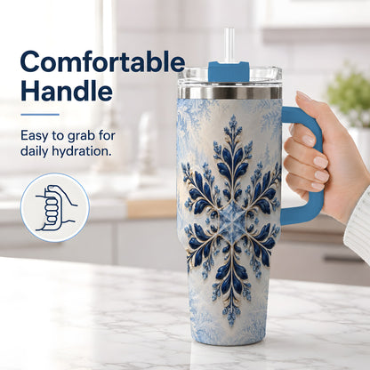 #pl[40oz|Blue] Sapphire Blue Snowflake 40oz Handled Tumbler, Winter Floral Design