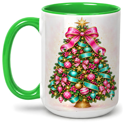 #pl[15oz|Green] Colorful Christmas Tree Accent Mug, Ceramic Holiday Coffee Cup