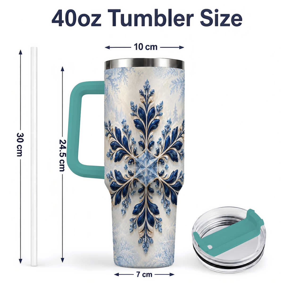 #pl[40oz|Green] Sapphire Blue Snowflake 40oz Handled Tumbler, Winter Floral Design
