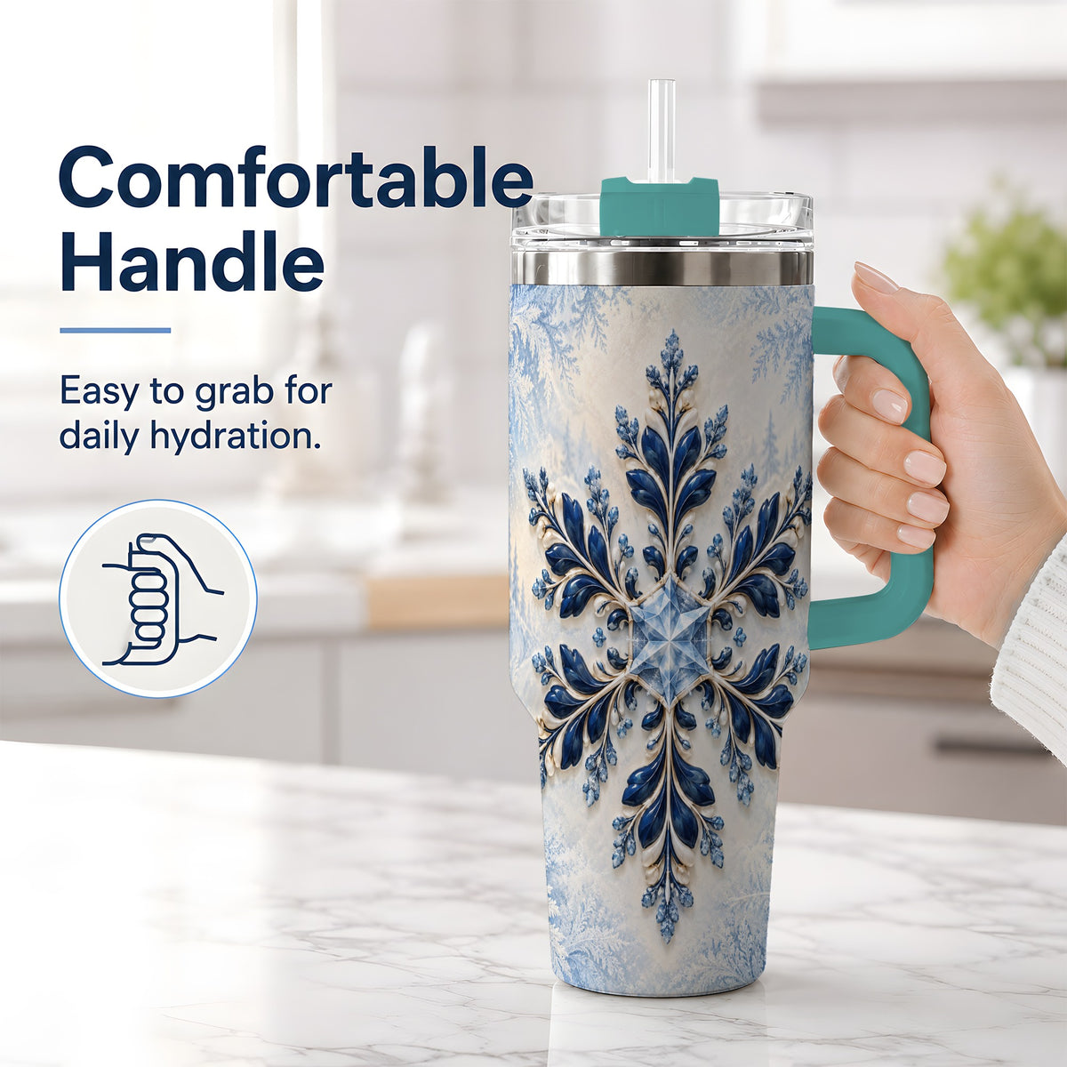 #pl[40oz|Green] Sapphire Blue Snowflake 40oz Handled Tumbler, Winter Floral Design