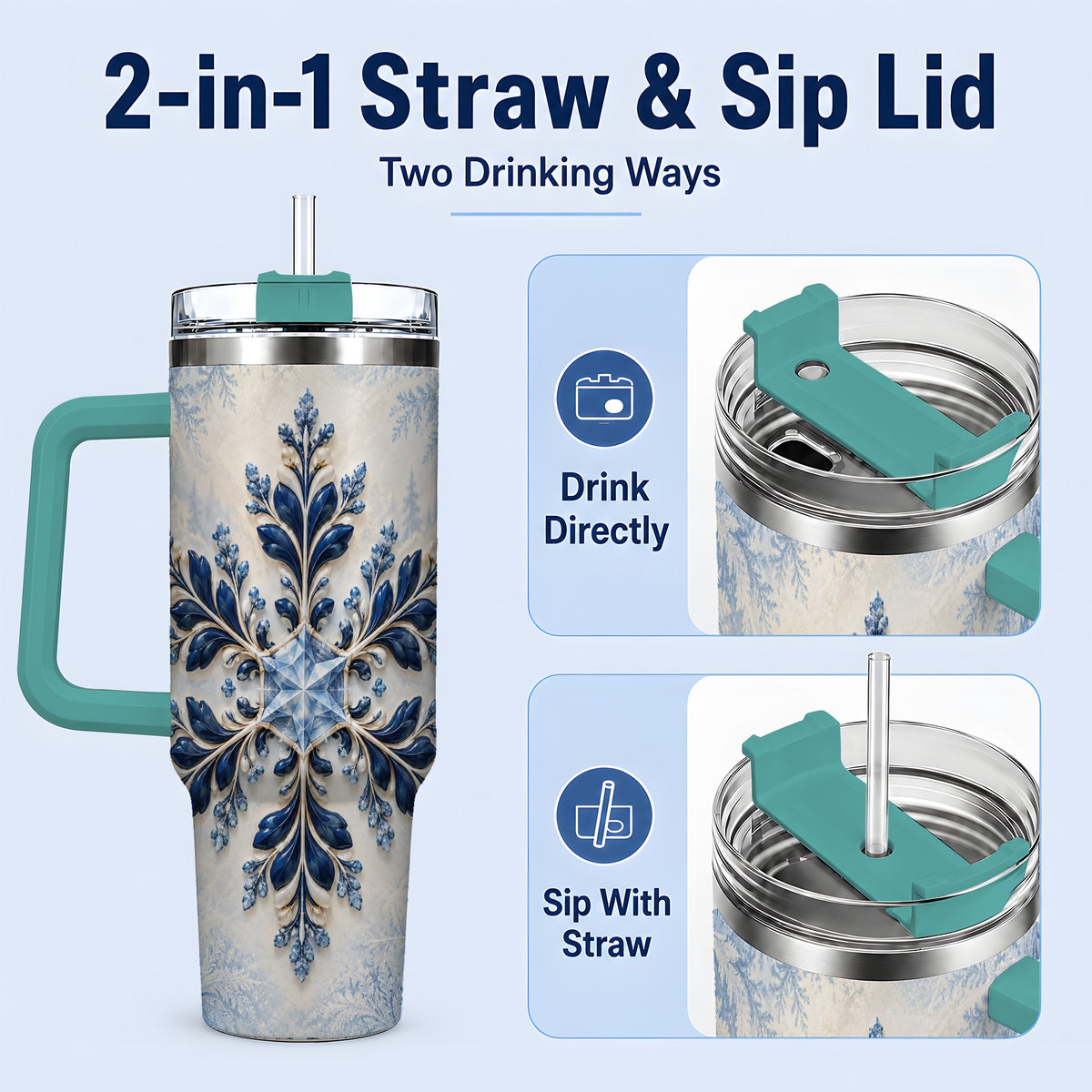 #pl[40oz|Green] Sapphire Blue Snowflake 40oz Handled Tumbler, Winter Floral Design