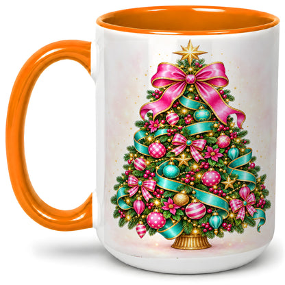 #pl[15oz|Orange] Colorful Christmas Tree Accent Mug, Ceramic Holiday Coffee Cup