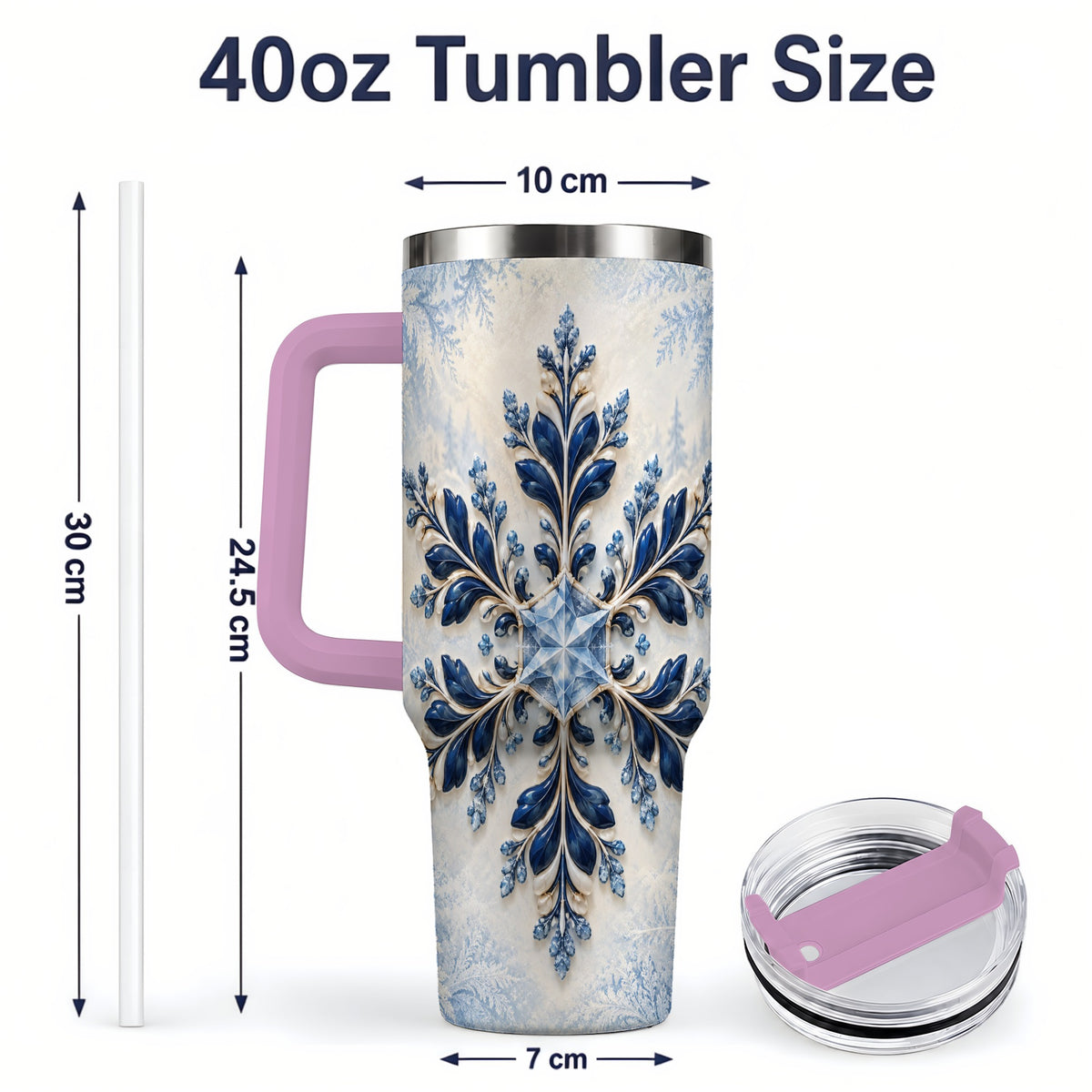 #pl[40oz|Pink] Sapphire Blue Snowflake 40oz Handled Tumbler, Winter Floral Design