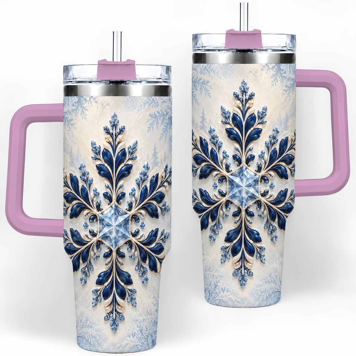 #pl[40oz|Pink] Sapphire Blue Snowflake 40oz Handled Tumbler, Winter Floral Design