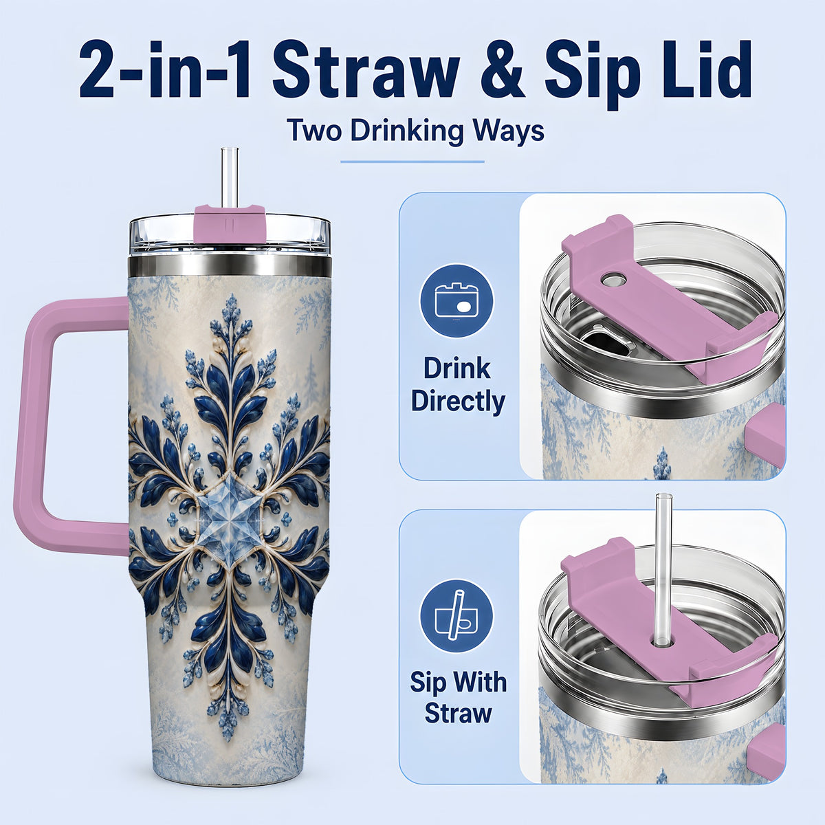 #pl[40oz|Pink] Sapphire Blue Snowflake 40oz Handled Tumbler, Winter Floral Design