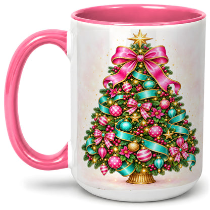 #pl[15oz|Pink] Colorful Christmas Tree Accent Mug, Ceramic Holiday Coffee Cup