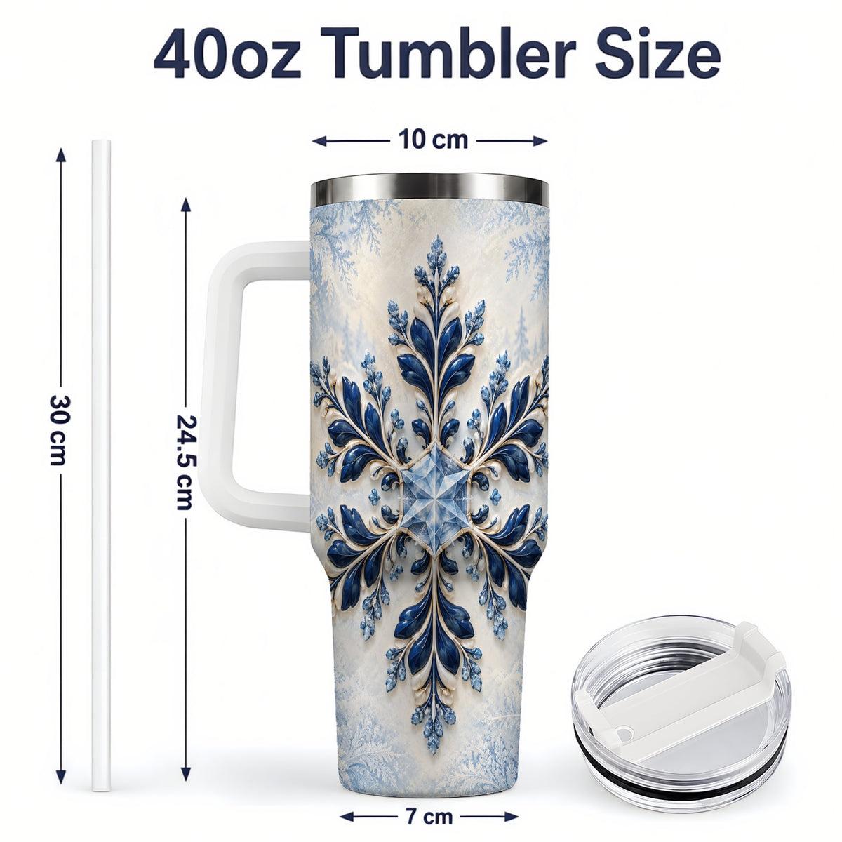 #pl[40oz|White] Sapphire Blue Snowflake 40oz Handled Tumbler, Winter Floral Design