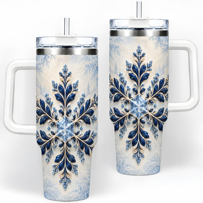 Sapphire Blue Snowflake 40oz Handled Tumbler, Winter Floral Design