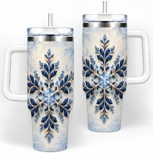Sapphire Blue Snowflake 40oz Handled Tumbler, Winter Floral Design