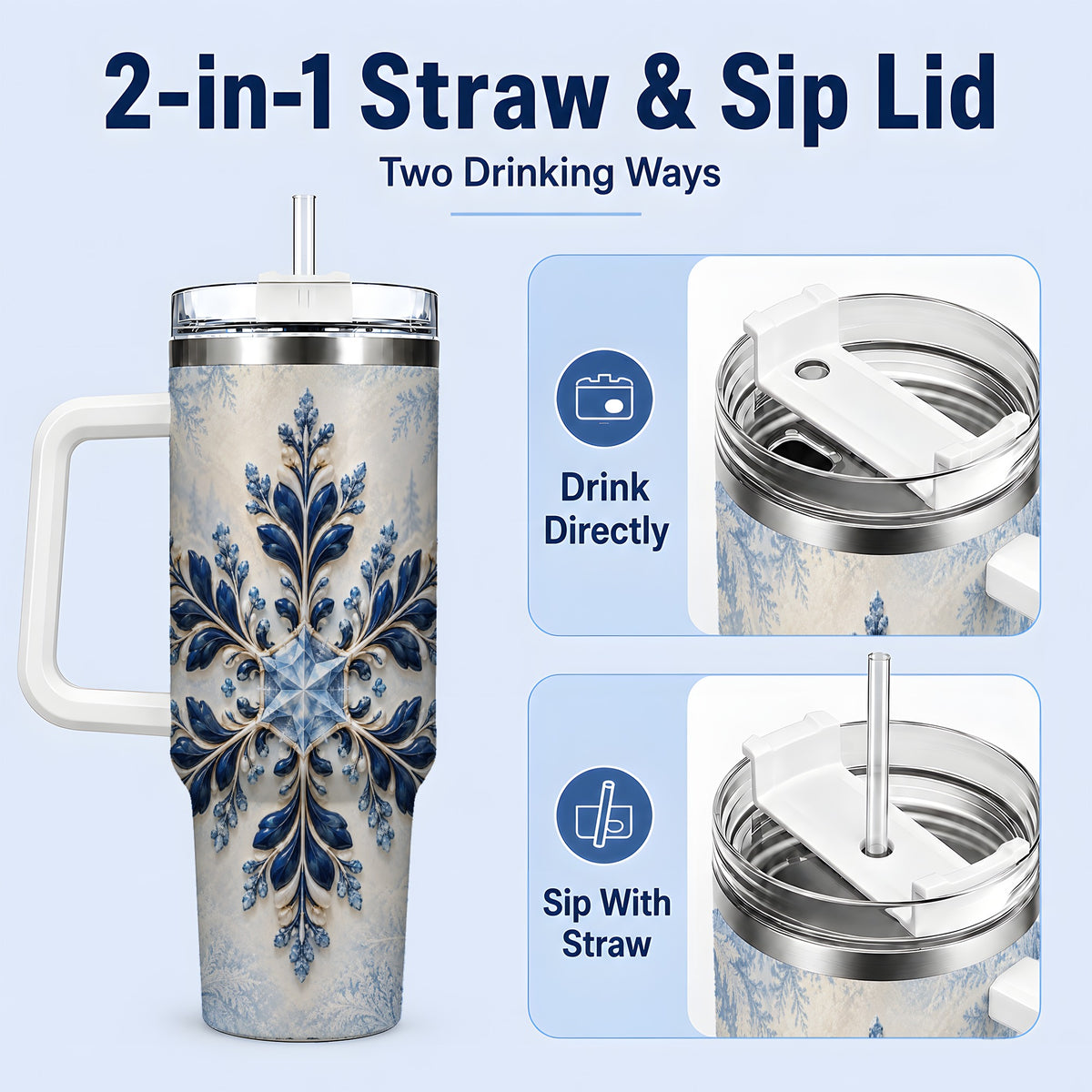 #pl[40oz|White] Sapphire Blue Snowflake 40oz Handled Tumbler, Winter Floral Design