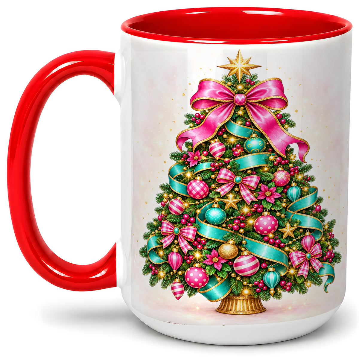 #pl[15oz|Red] Colorful Christmas Tree Accent Mug, Ceramic Holiday Coffee Cup