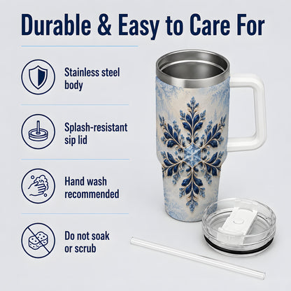 Sapphire Blue Snowflake 40oz Handled Tumbler, Winter Floral Design