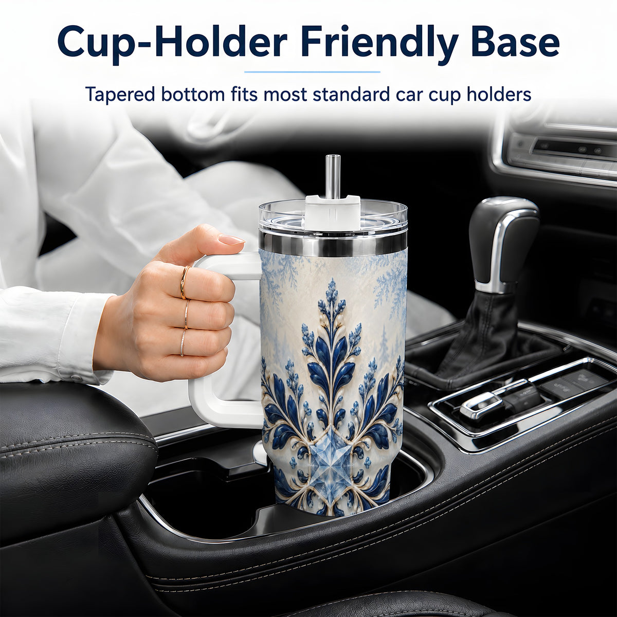 Sapphire Blue Snowflake 40oz Handled Tumbler, Winter Floral Design