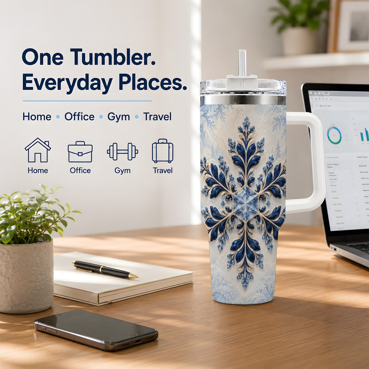 Sapphire Blue Snowflake 40oz Handled Tumbler, Winter Floral Design
