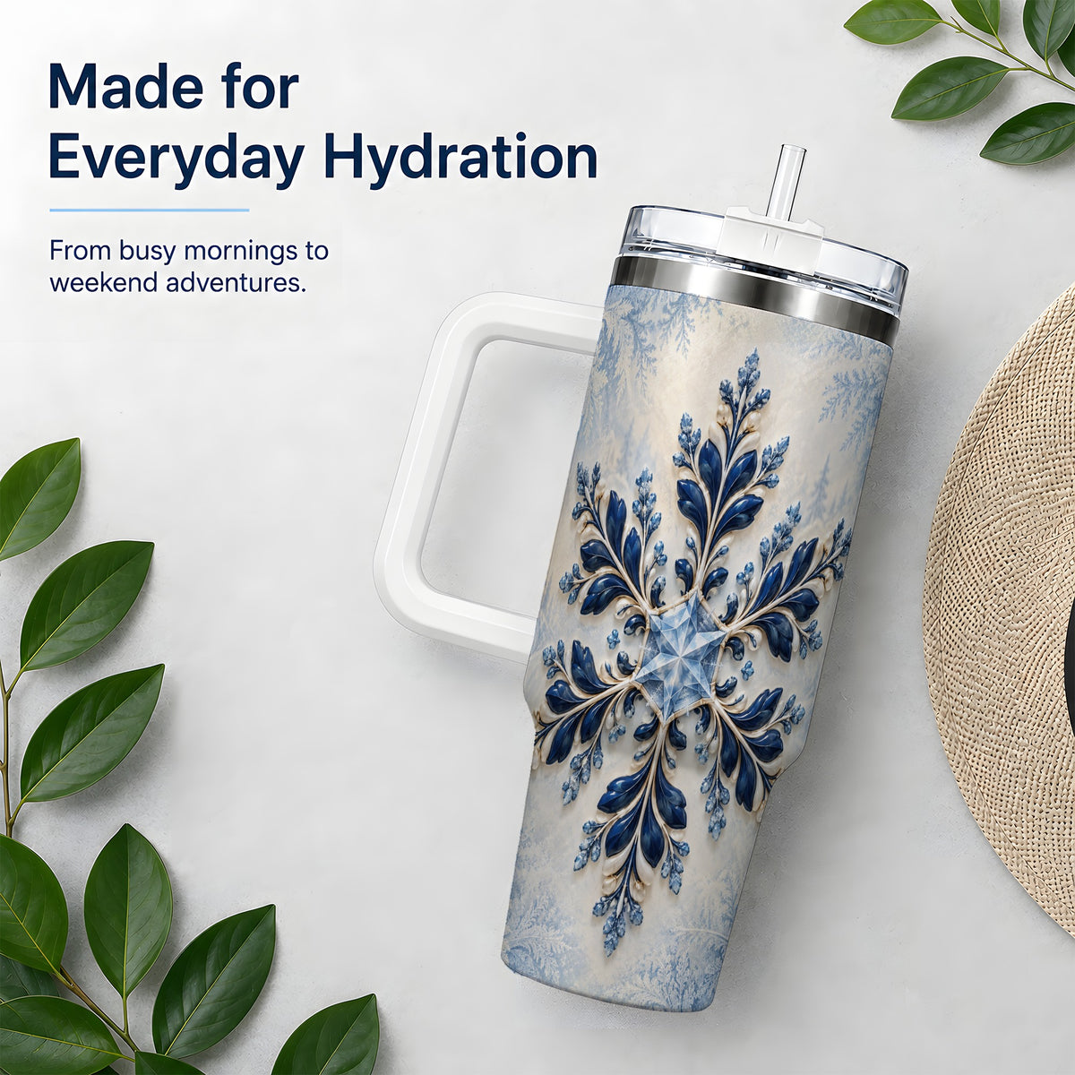 Sapphire Blue Snowflake 40oz Handled Tumbler, Winter Floral Design
