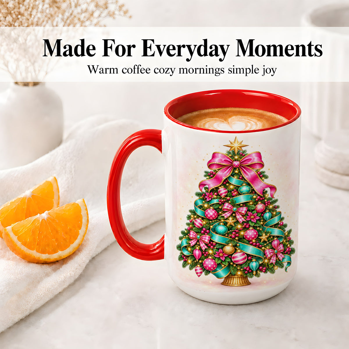 #pl[15oz|Red] Colorful Christmas Tree Accent Mug, Ceramic Holiday Coffee Cup
