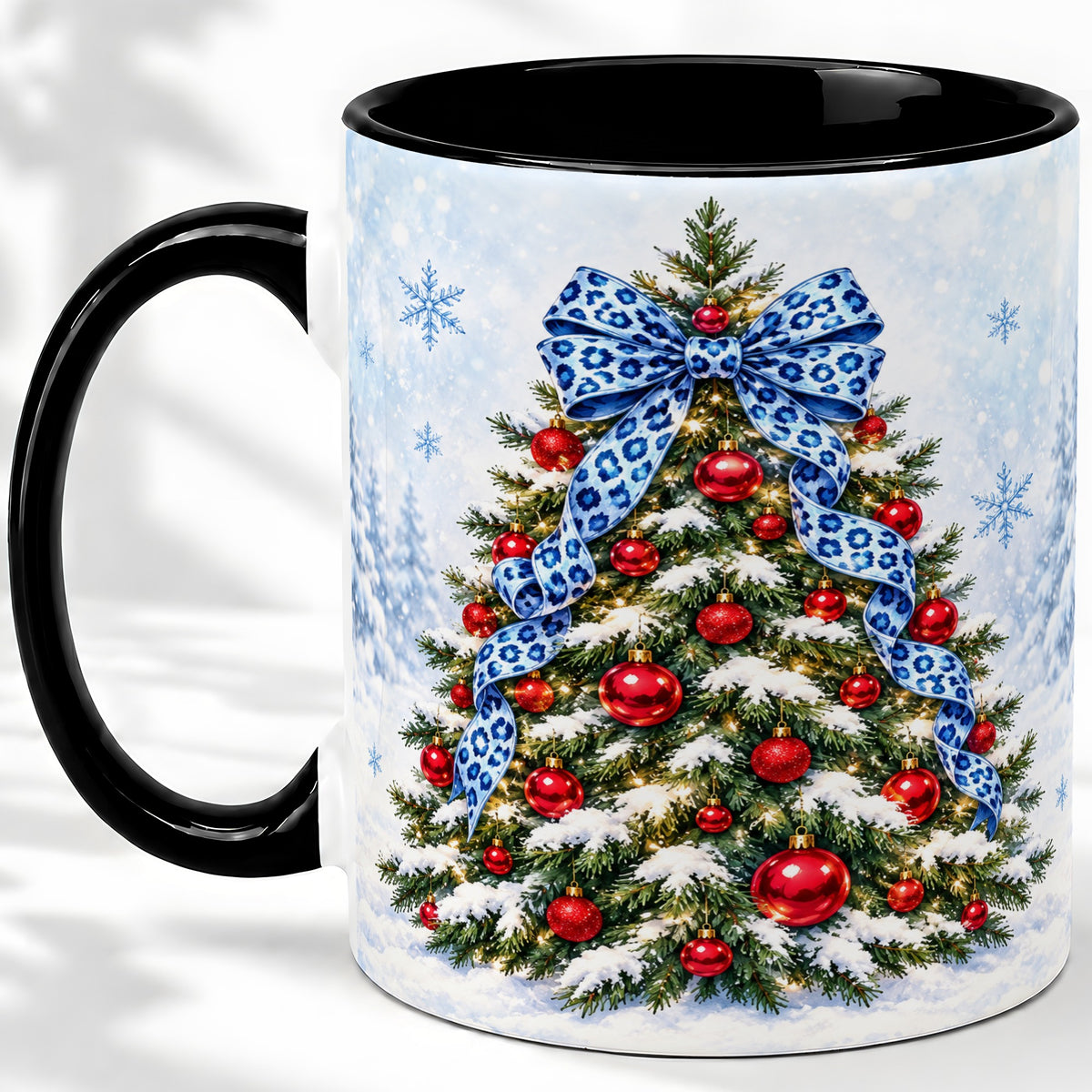 #pl[11oz|Black] Blue Leopard Christmas Tree Accent Mug, Ceramic Holiday Coffee Cup