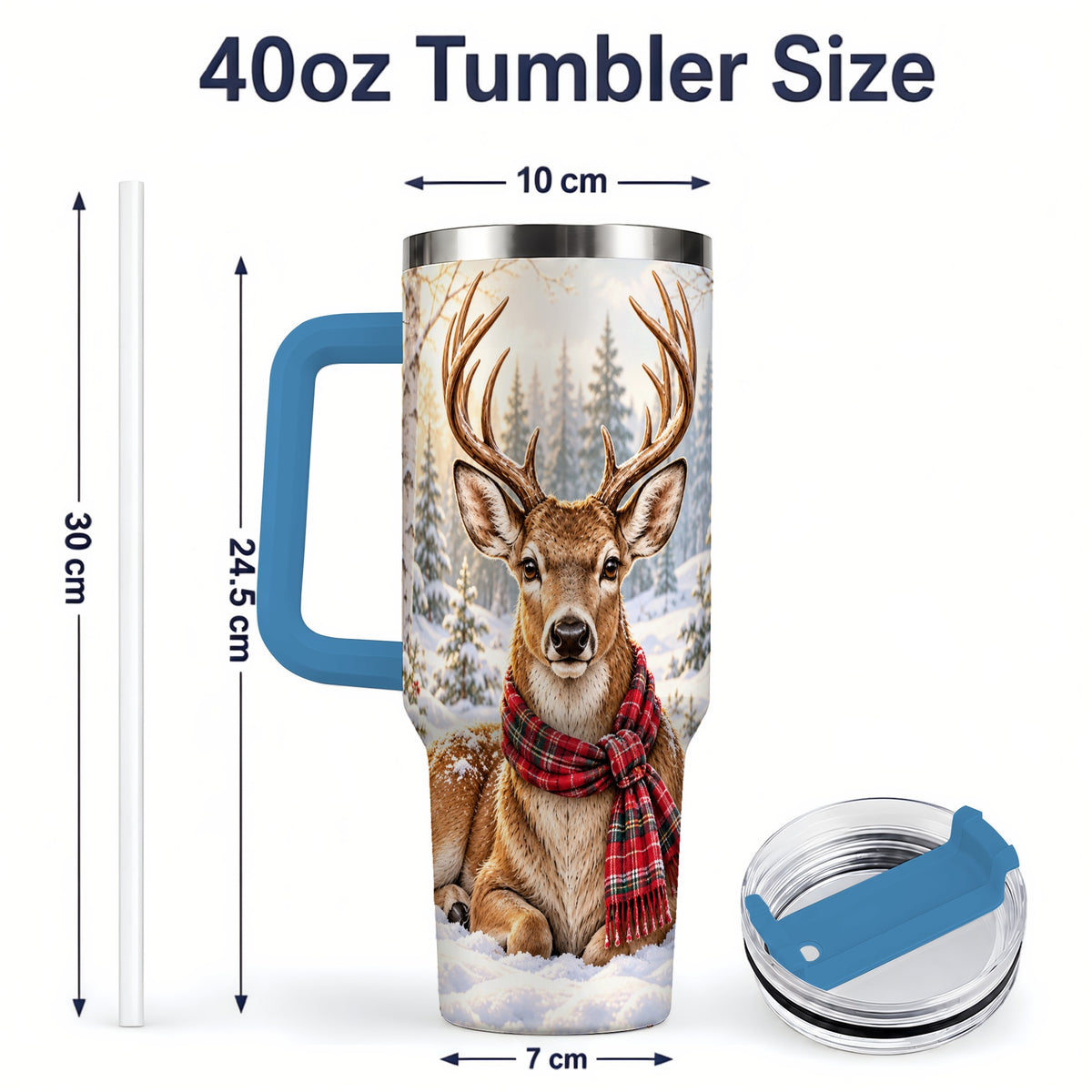 #pl[40oz|Blue] Winter Deer Plaid Scarf 40oz Handled Tumbler, Woodland Animal Artwork