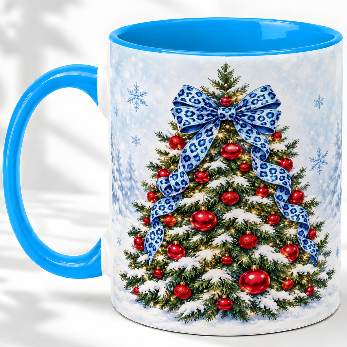 #pl[11oz|Blue] Blue Leopard Christmas Tree Accent Mug, Ceramic Holiday Coffee Cup