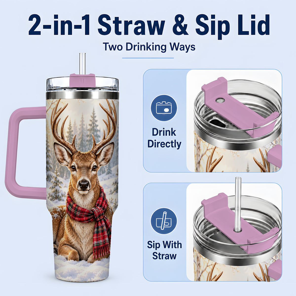 #pl[40oz|Pink] Winter Deer Plaid Scarf 40oz Handled Tumbler, Woodland Animal Artwork
