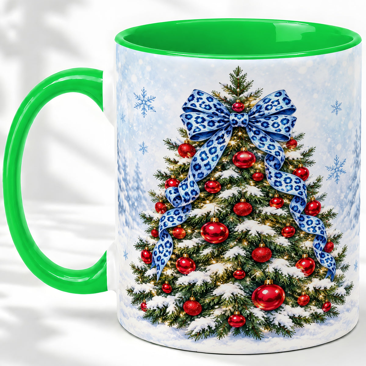 #pl[11oz|Green] Blue Leopard Christmas Tree Accent Mug, Ceramic Holiday Coffee Cup