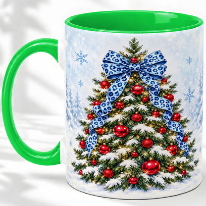 #pl[11oz|Green] Blue Leopard Christmas Tree Accent Mug, Ceramic Holiday Coffee Cup