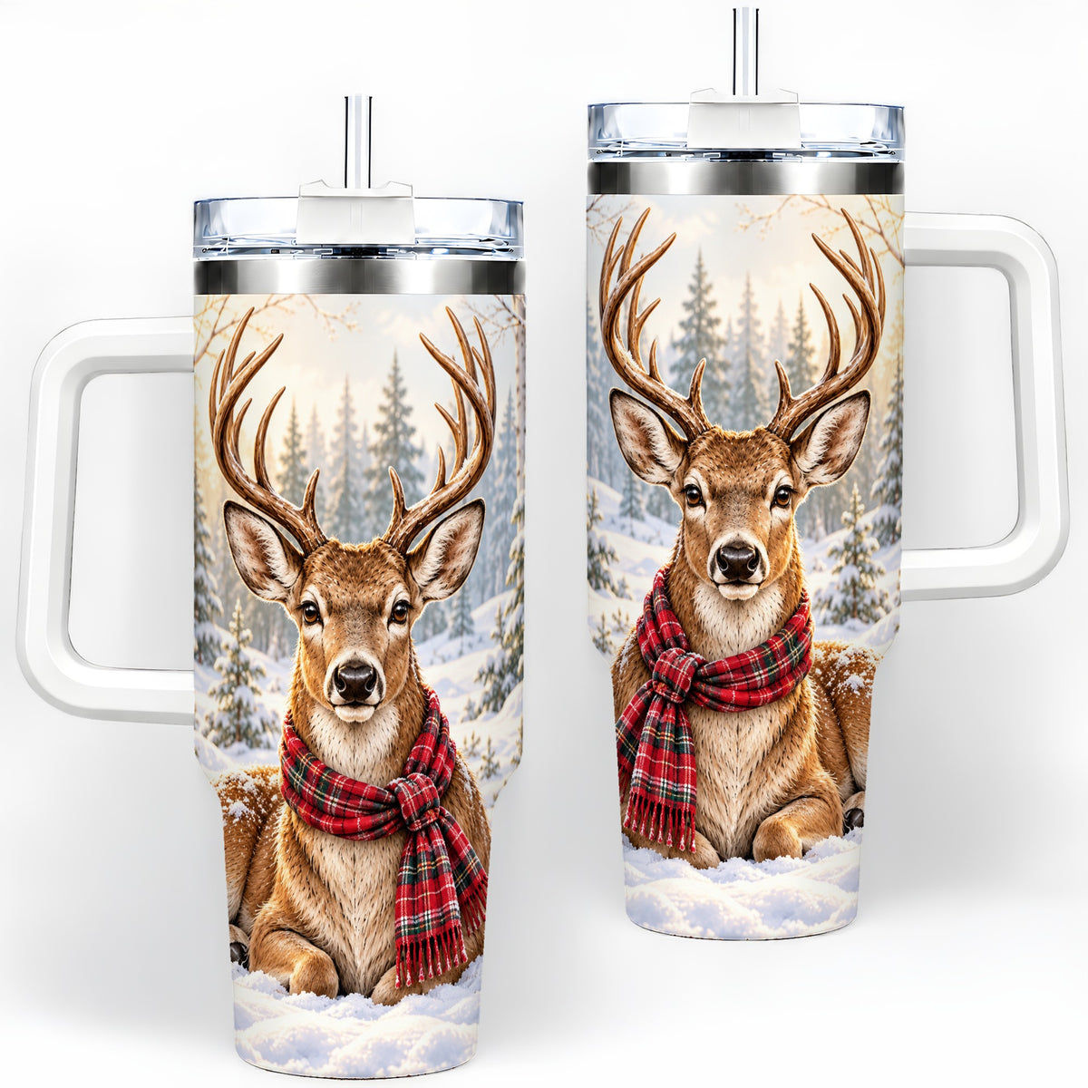Winter Deer Plaid Scarf 40oz Handled Tumbler, Woodland Animal Artwork
