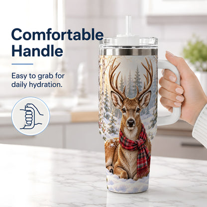 #pl[40oz|White] Winter Deer Plaid Scarf 40oz Handled Tumbler, Woodland Animal Artwork