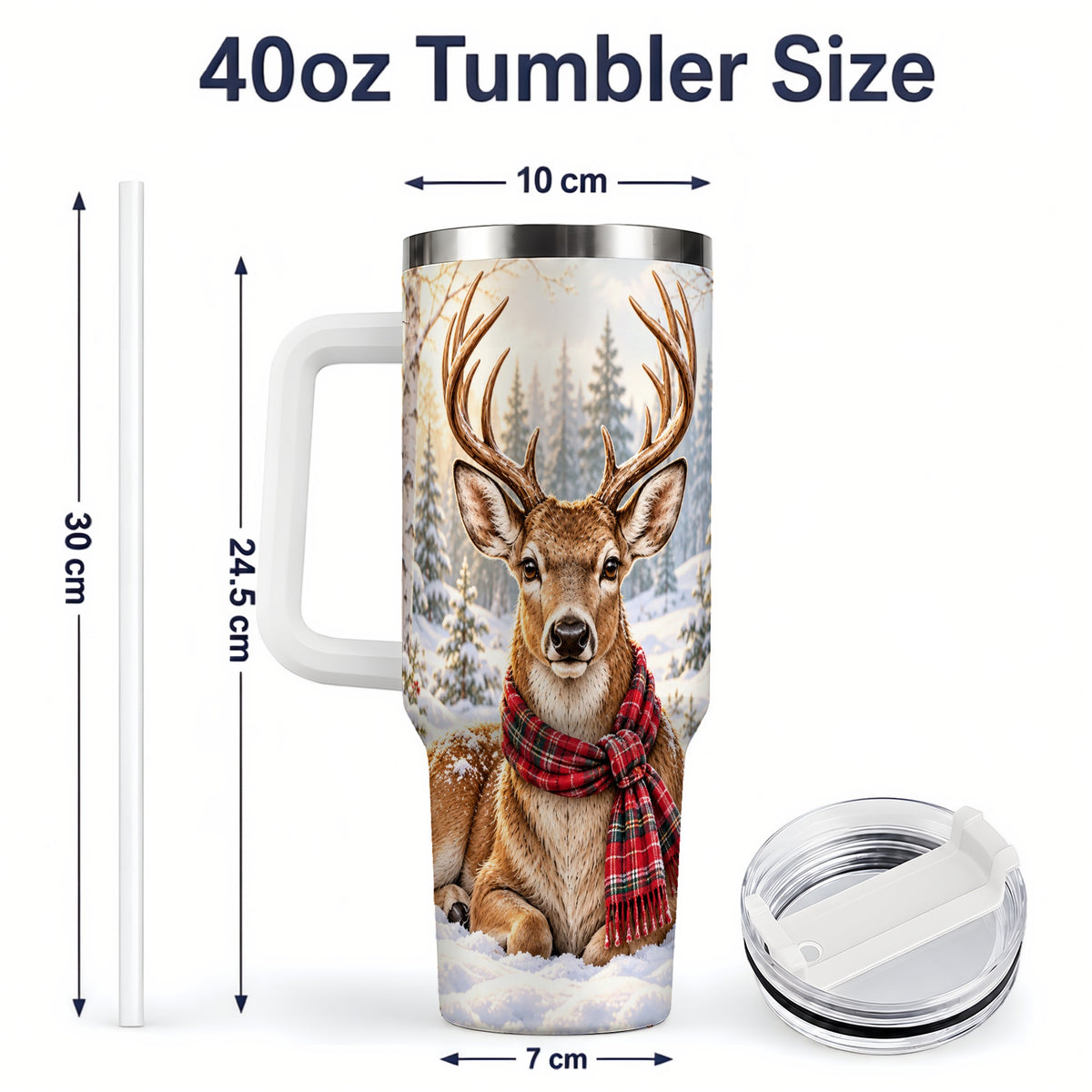 #pl[40oz|White] Winter Deer Plaid Scarf 40oz Handled Tumbler, Woodland Animal Artwork