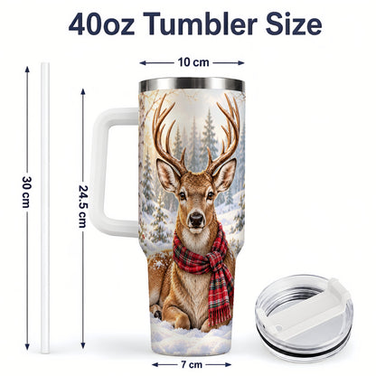 #pl[40oz|White] Winter Deer Plaid Scarf 40oz Handled Tumbler, Woodland Animal Artwork