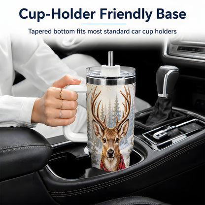 Winter Deer Plaid Scarf 40oz Handled Tumbler, Woodland Animal Artwork