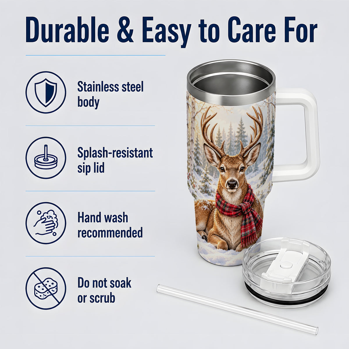 Winter Deer Plaid Scarf 40oz Handled Tumbler, Woodland Animal Artwork