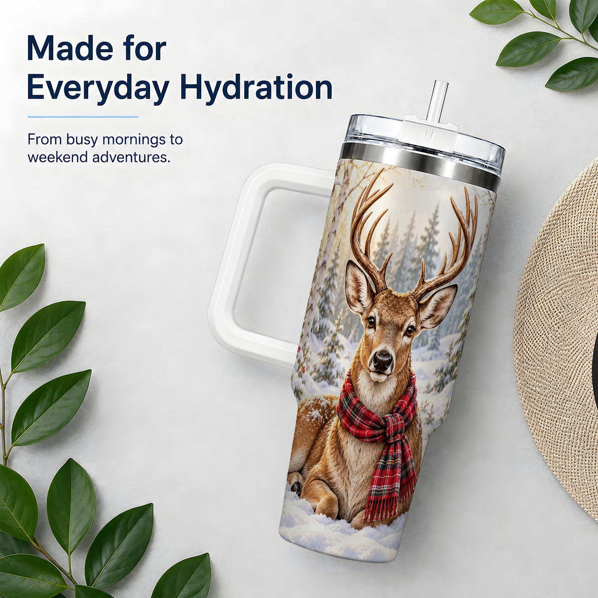 Winter Deer Plaid Scarf 40oz Handled Tumbler, Woodland Animal Artwork