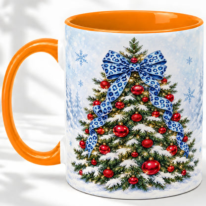#pl[11oz|Orange] Blue Leopard Christmas Tree Accent Mug, Ceramic Holiday Coffee Cup