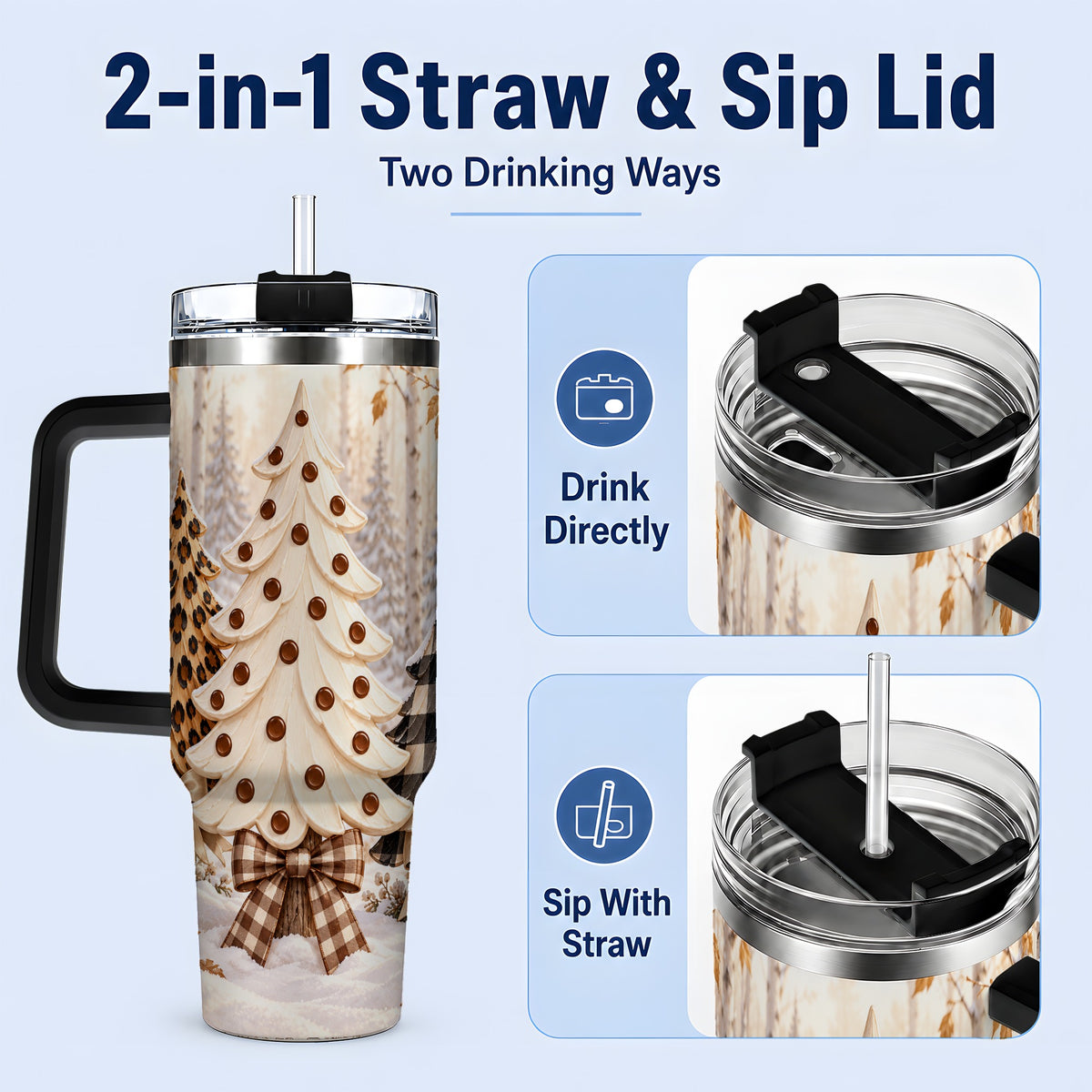 #pl[40oz|Black] Leopard Print Christmas Trees 40oz Handled Tumbler, Winter Tree Art