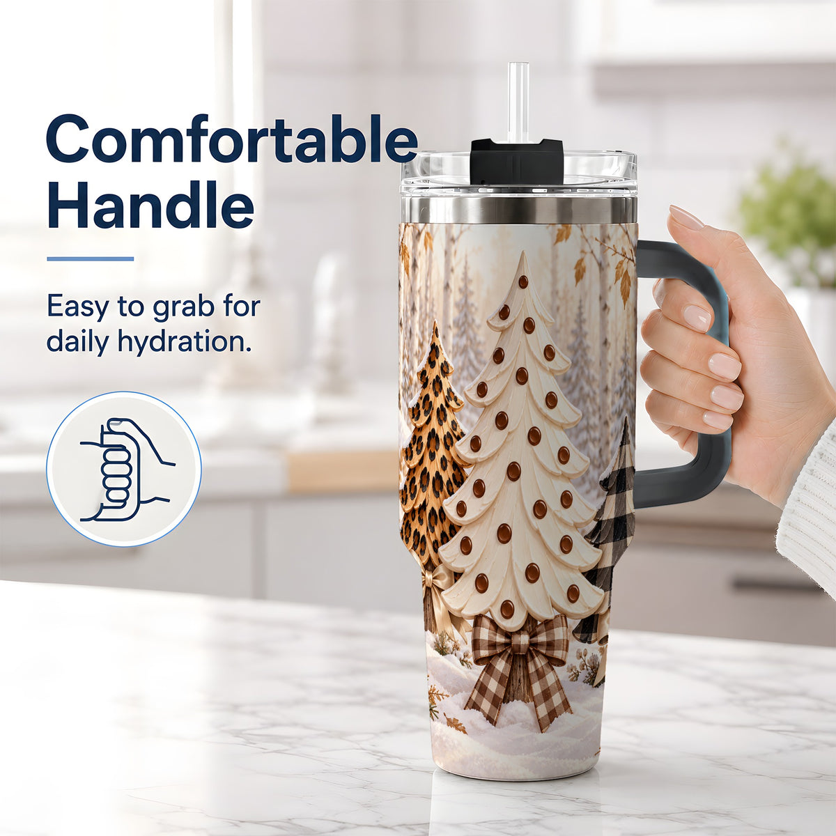 #pl[40oz|Black] Leopard Print Christmas Trees 40oz Handled Tumbler, Winter Tree Art