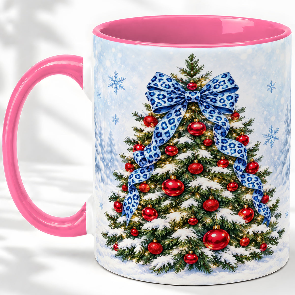 #pl[11oz|Pink] Blue Leopard Christmas Tree Accent Mug, Ceramic Holiday Coffee Cup
