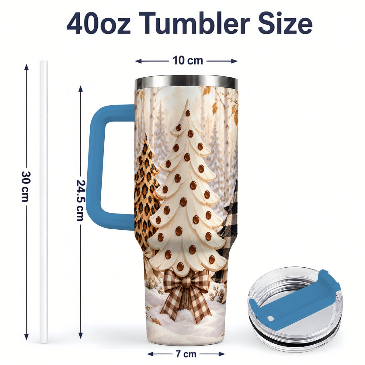 #pl[40oz|Blue] Leopard Print Christmas Trees 40oz Handled Tumbler, Winter Tree Art