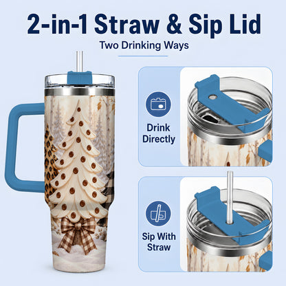 #pl[40oz|Blue] Leopard Print Christmas Trees 40oz Handled Tumbler, Winter Tree Art