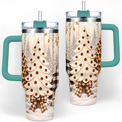 #pl[40oz|Green] Leopard Print Christmas Trees 40oz Handled Tumbler, Winter Tree Art